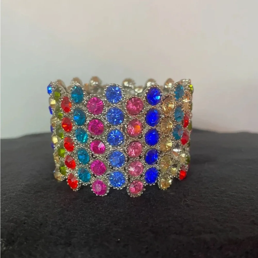 Wide Spring-Hinged Rhinestone Bangle Bracelet Muliti-Color Bling Colorful
